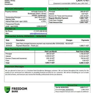 Kazakhstan Freedom Bank Kazakhstan mortgage statement Word and PDF template download template file