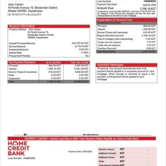 Kazakhstan Home Credit Bank Kazakhstan mortgage statement Word and PDF template download template file