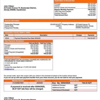 Kazakhstan Jusan Bank mortgage statement Word and PDF template download template file