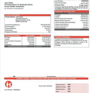 Kazakhstan Kaspi Bank mortgage statement Word and PDF template download template file