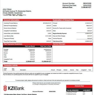 Kazakhstan KZI Bank mortgage statement Word and PDF template download template file