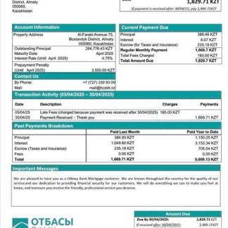 Kazakhstan Otbasy Bank mortgage statement Word and PDF template download template file