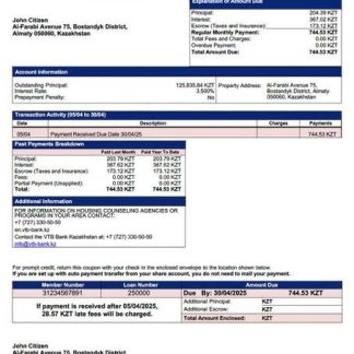 Kazakhstan VTB Bank Kazakhstan mortgage statement Word and PDF template download template file