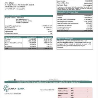 Kazakhstan Zaman Bank mortgage statement Word and PDF template download template file