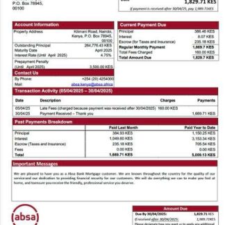 Kenya Absa Bank mortgage statement Word and PDF template download template file