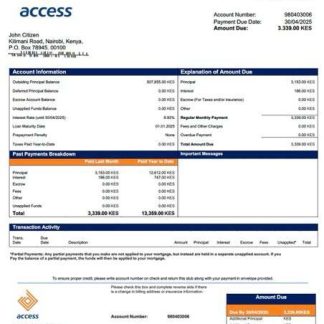 Kenya Access Bank mortgage statement Word and PDF template download template file