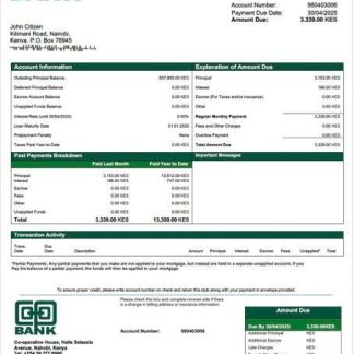 Kenya Co operative Bank of Kenya mortgage statement Word and PDF template download template file
