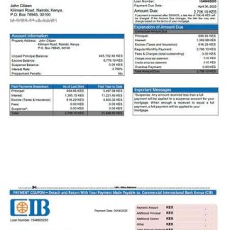 Kenya Commercial International Bank Kenya (CIB) mortgage statement Word and PDF template download template file