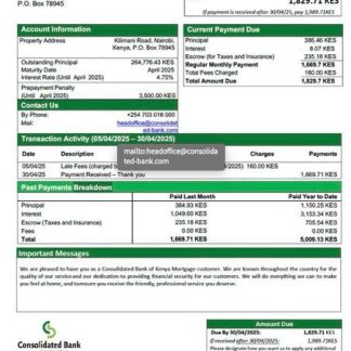 Kenya Consolidated Bank of Kenya mortgage statement Word and PDF template download template file