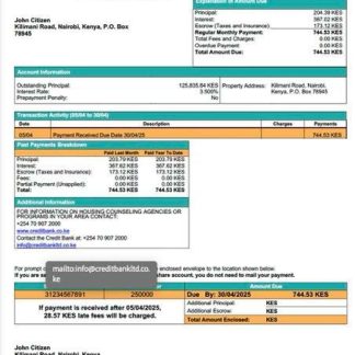 Kenya Credit Bank mortgage statement Word and PDF template download template file
