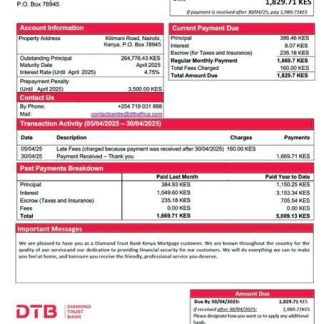 Kenya Diamond Trust Bank Kenya mortgage statement Word and PDF template download template file