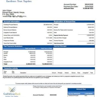 Kenya Gulf African Bank mortgage statement Word and PDF template download template file