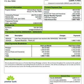Kenya Premier Bank Kenya mortgage statement Word and PDF template download template file