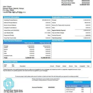 Kenya Prime Bank mortgage statement Word and PDF template download template file