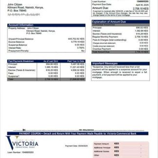 Kenya Victoria Commercial Bank mortgage statement Word and PDF template download template file