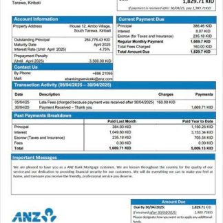 Kiribati ANZ Bank mortgage statement Word and PDF template download template file