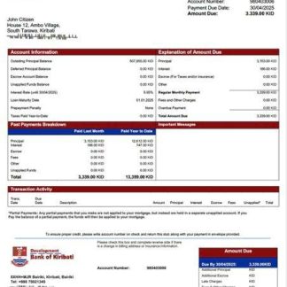 Kiribati Development Bank of Kiribati mortgage statement Word and PDF template download template file