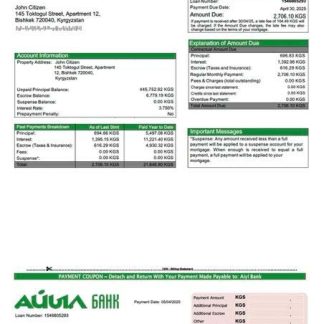 Kyrgyzstan Aiyl Bank mortgage statement Word and PDF template download template file