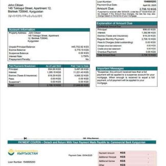 Kyrgyzstan Commercial Bank Kyrgyzstan mortgage statement Word and PDF template download template file