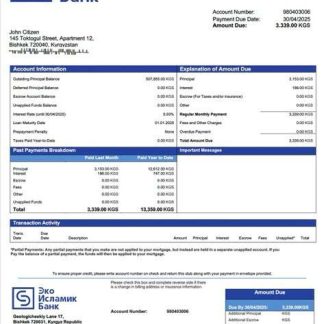 Kyrgyzstan EcoIslamicBank mortgage statement Word and PDF template download template file