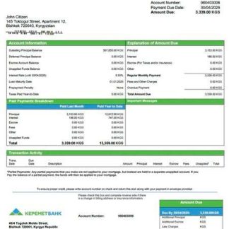 Kyrgyzstan Keremetbank mortgage statement Word and PDF template download template file