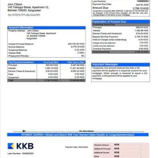 Kyrgyzstan Kyrgyzkommertsbank mortgage statement Word and PDF template download template file