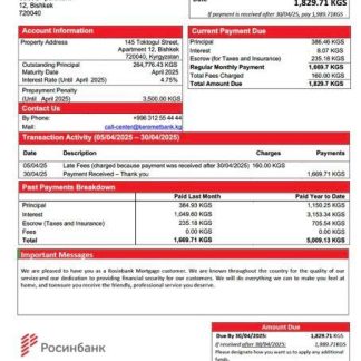 Kyrgyzstan Rosinbank mortgage statement Word and PDF template download template file