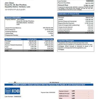 Laos Joint Development Bank mortgage statement Word and PDF template download template file