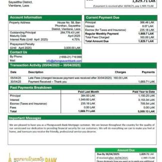 Laos Phongsavanh Bank mortgage statement Word and PDF template download template file