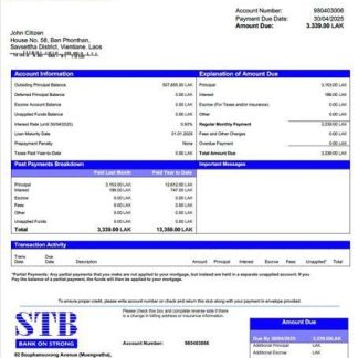Laos ST Bank mortgage statement Word and PDF template download template file