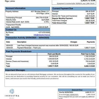 Latvia AS Industra Bank mortgage statement Word and PDF template download template file