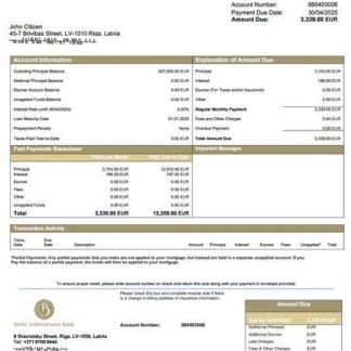 Latvia Baltic International Bank SE mortgage statement Word and PDF template download template file