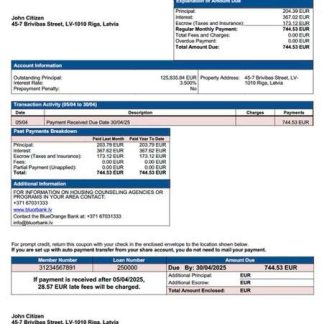 Latvia BlueOrange Bank mortgage statement Word and PDF template download template file