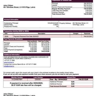 Latvia Luminor Bank AS mortgage statement Word and PDF template download template file