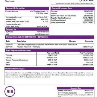 Latvia RIB Bank mortgage statement Word and PDF template download template file