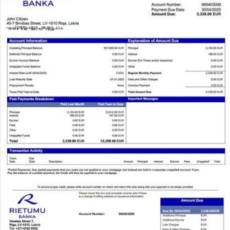 Latvia Rietumu Banka mortgage statement Word and PDF template download template file