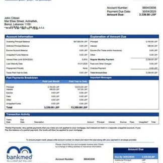 Lebanon BankMed mortgage statement Word and PDF template download template file