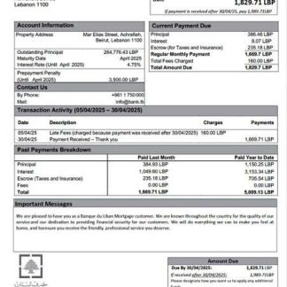 Lebanon Banque du Liban mortgage statement Word and PDF template download template file