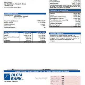 Lebanon BLOM Bank mortgage statement Word and PDF template download template file