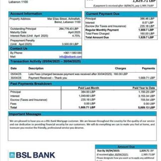 Lebanon BSL Bank mortgage statement Word and PDF template download template file