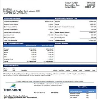Lebanon Cedrus Bank mortgage statement Word and PDF template download template file