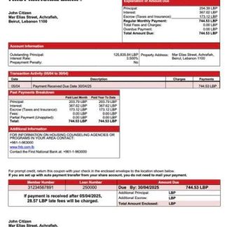 Lebanon First National Bank mortgage statement Word and PDF template download template file