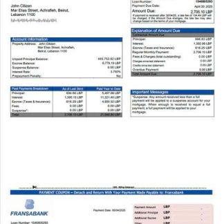 Lebanon Fransabank mortgage statement Word and PDF template download template file