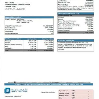 Lebanon Jammal Trust Bank mortgage statement Word and PDF template download template file