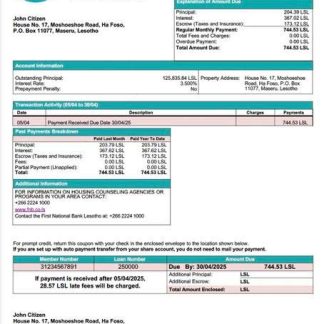 Lesotho First National Bank Lesotho mortgage statement Word and PDF template download template file