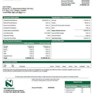Lesotho Nedbank Lesotho mortgage statement Word and PDF template download template file