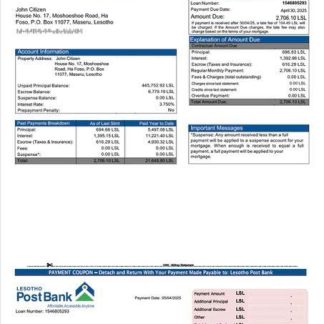 Lesotho Post Bank mortgage statement Word and PDF template download template file