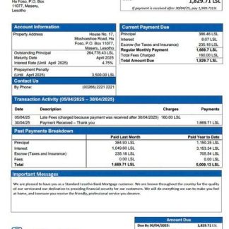 Lesotho Standard Lesotho Bank mortgage statement Word and PDF template download template file