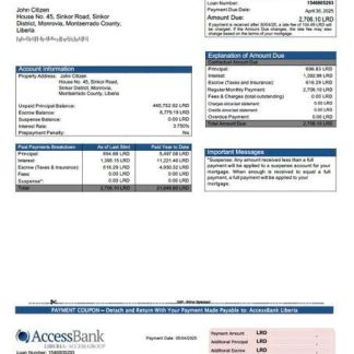 Liberia AccessBank Liberia mortgage statement Word and PDF template download template file