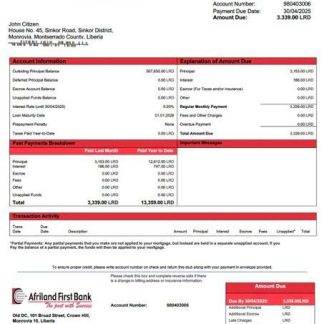 Liberia Afriland First Bank Liberia mortgage statement Word and PDF template download template file